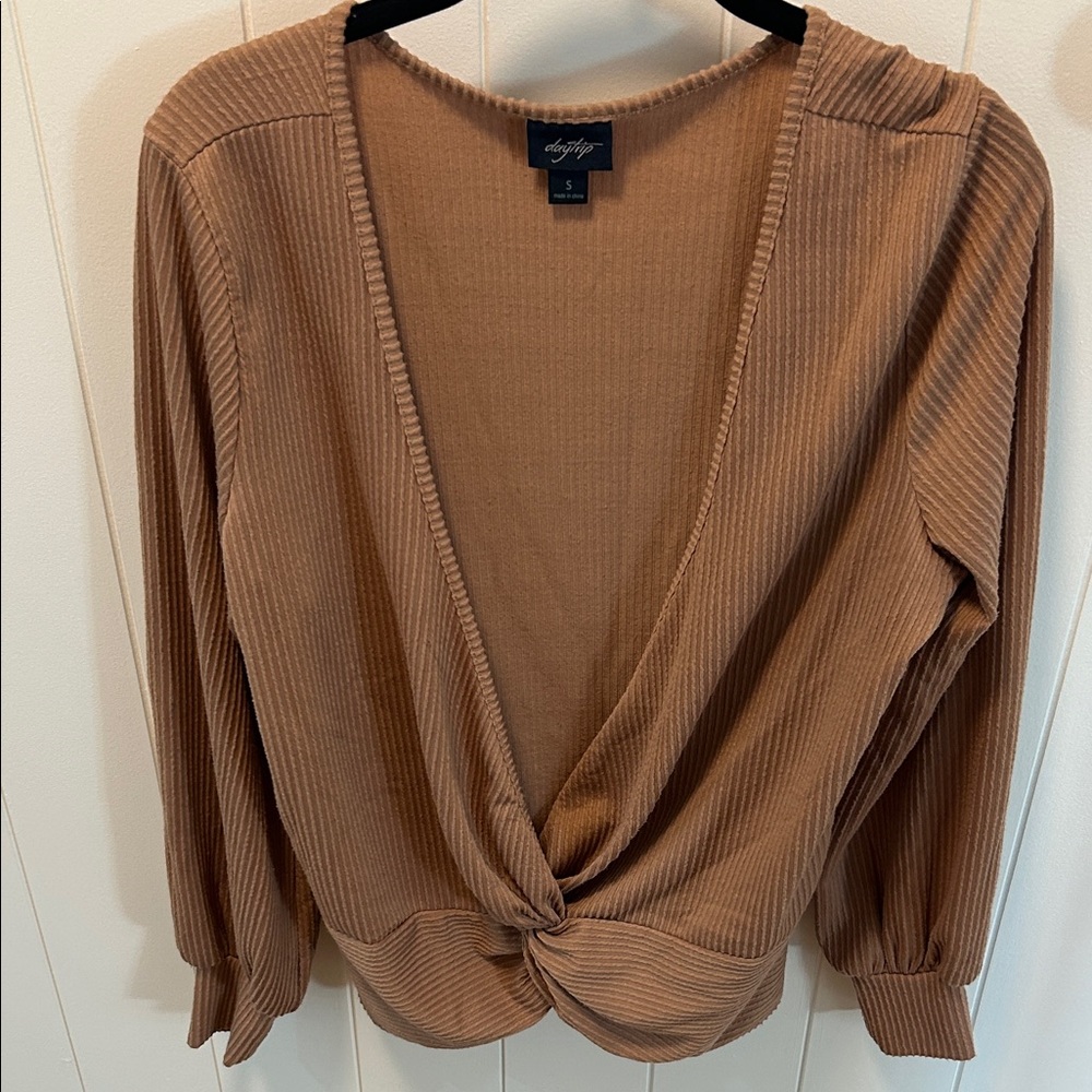 Daytrip V-Neck Twist Front Top in Brown